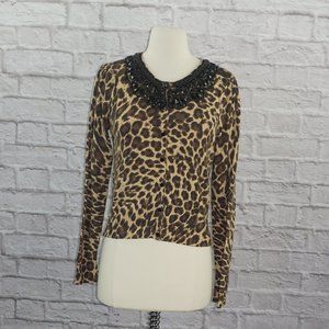 Inc International Concepts Leopard Print Beaded Bib Cardigan Sweater